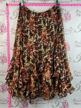 Très you Ruffle Skater Skirt midi Floral Flowy Tiered with Brown, Orange & Cream